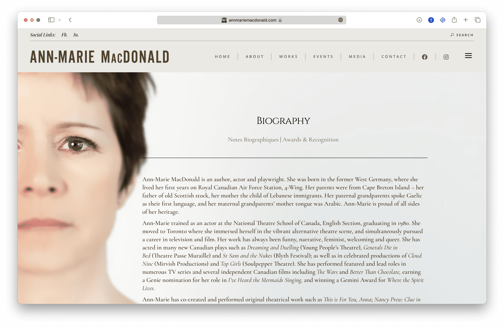 Website featuring Ann-Marie MacDonald with her face.