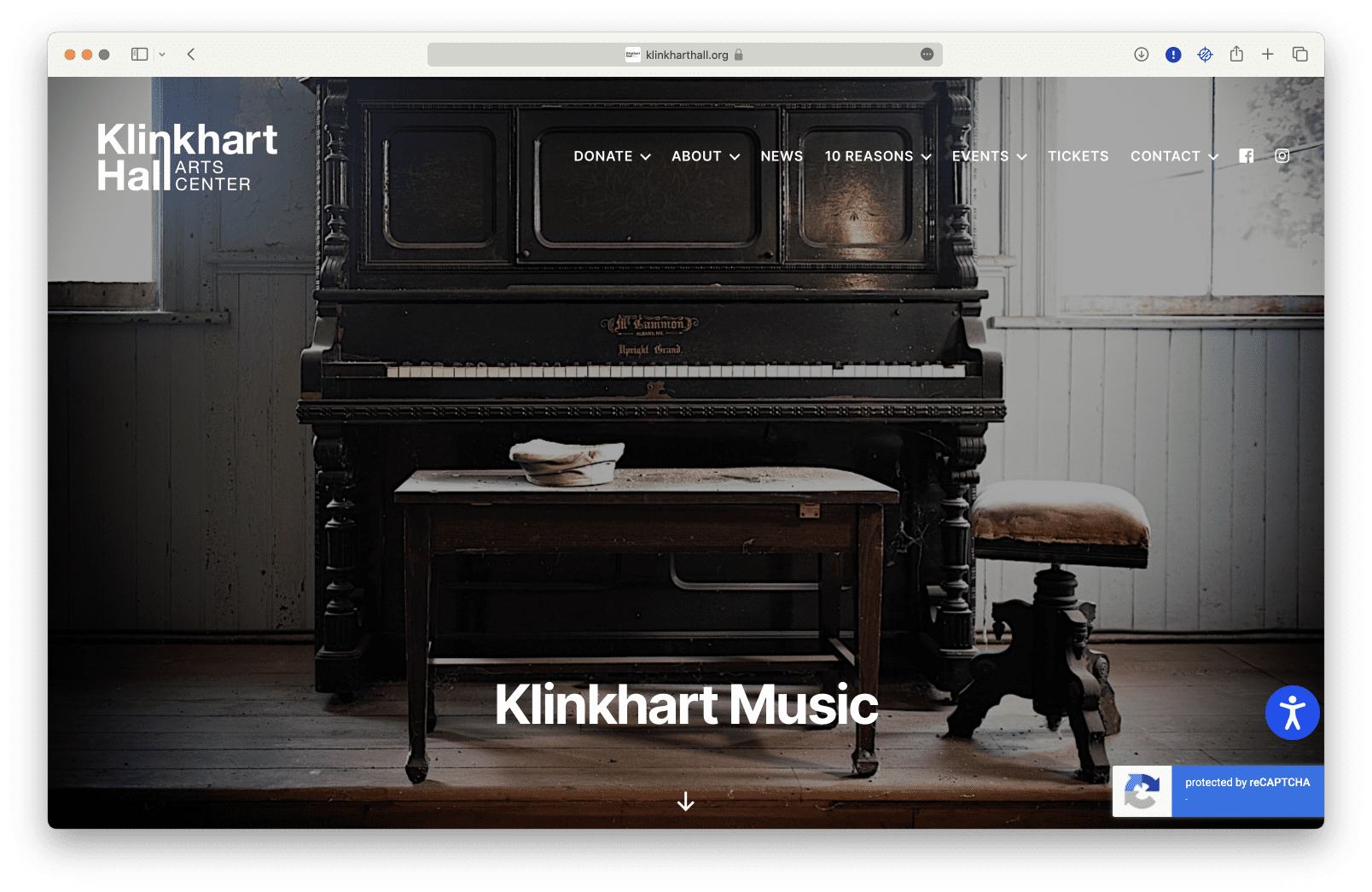 A website showcasing the historic Klinkhart Hall with an old piano.