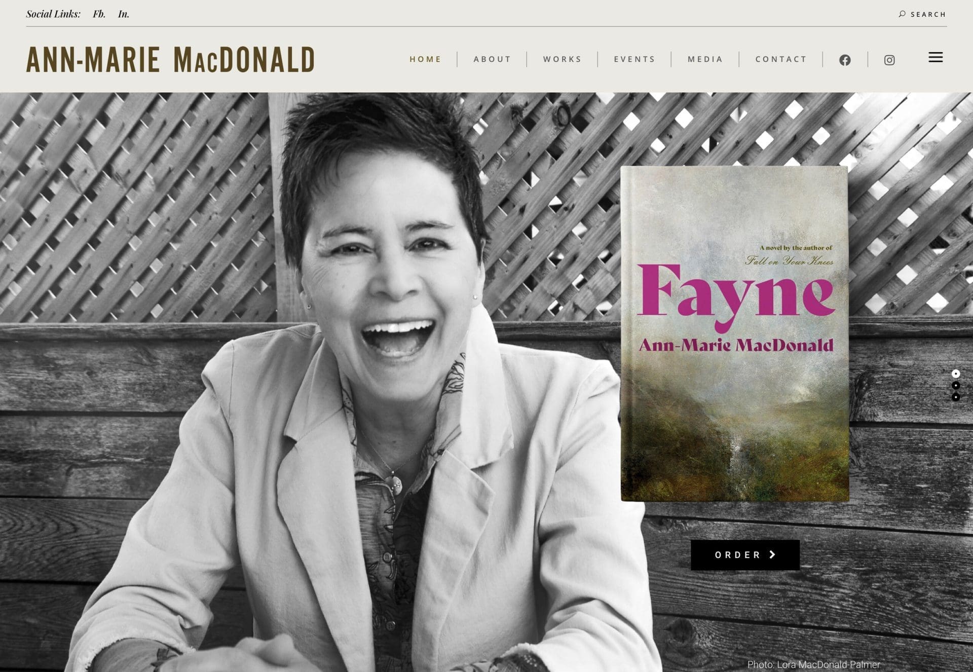 Ann-Marie MacDonald's website slide for her book Fayne