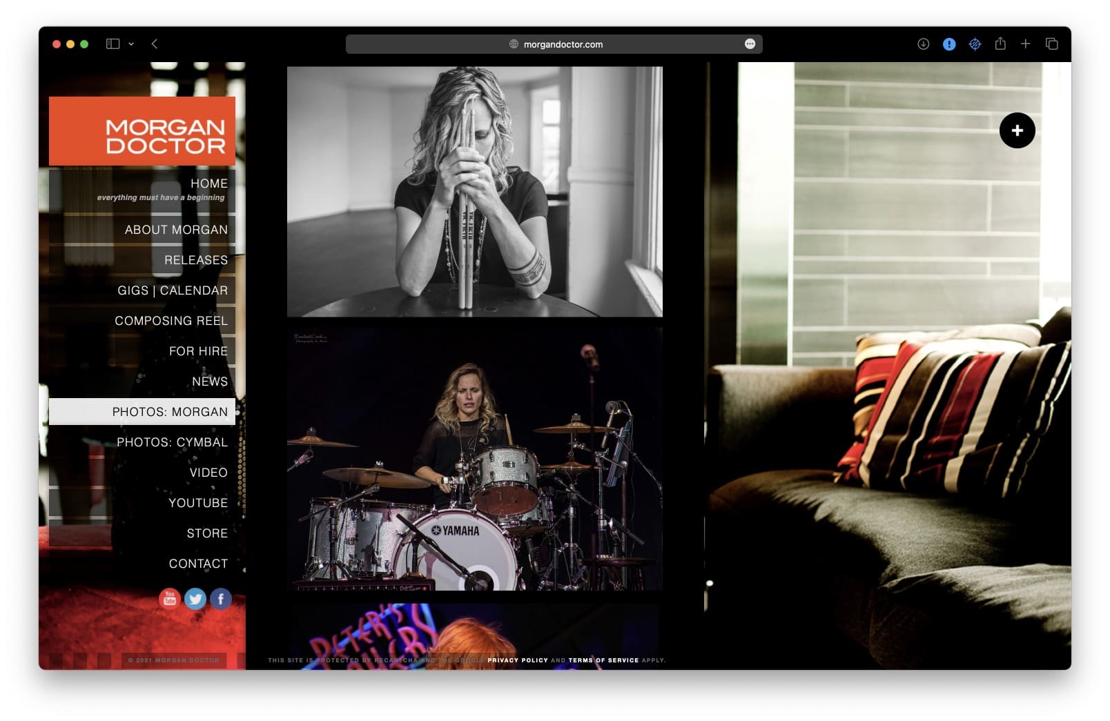 A screen shot of a website featuring musician Morgan Doctor sitting on a couch.