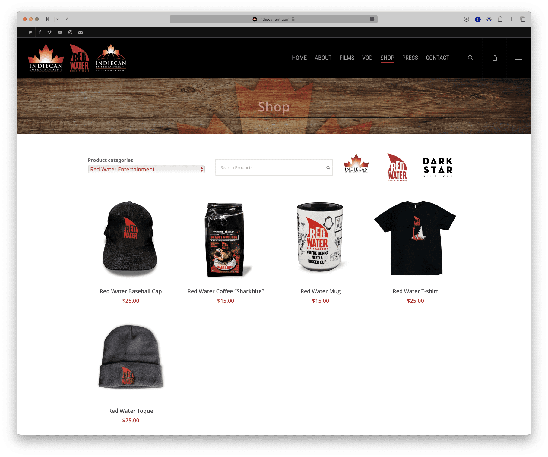 A screen shot of an Indiecan Entertainment website displaying hats and t-shirts.