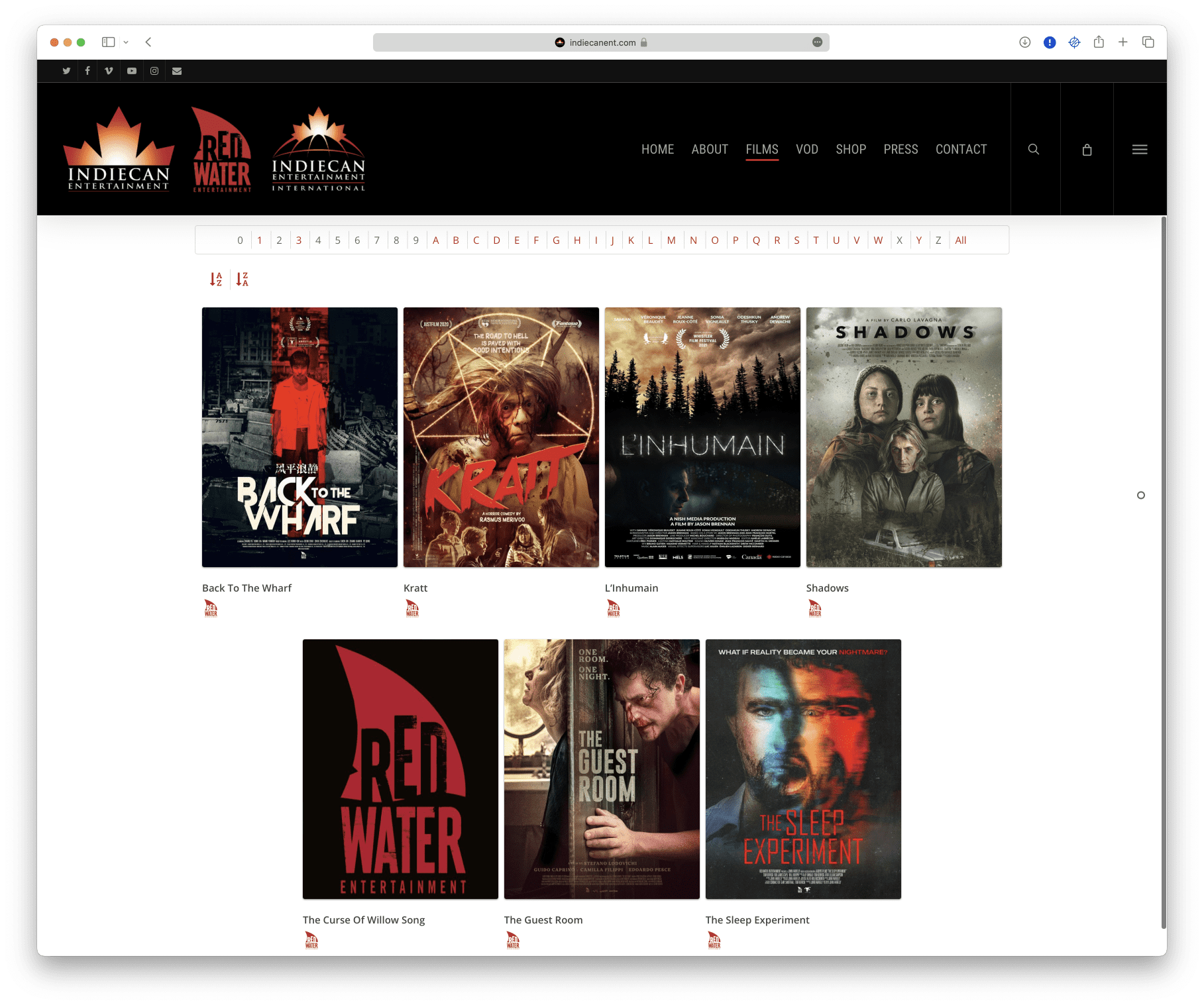 A screen shot of an Indiecan Entertainment movie website.