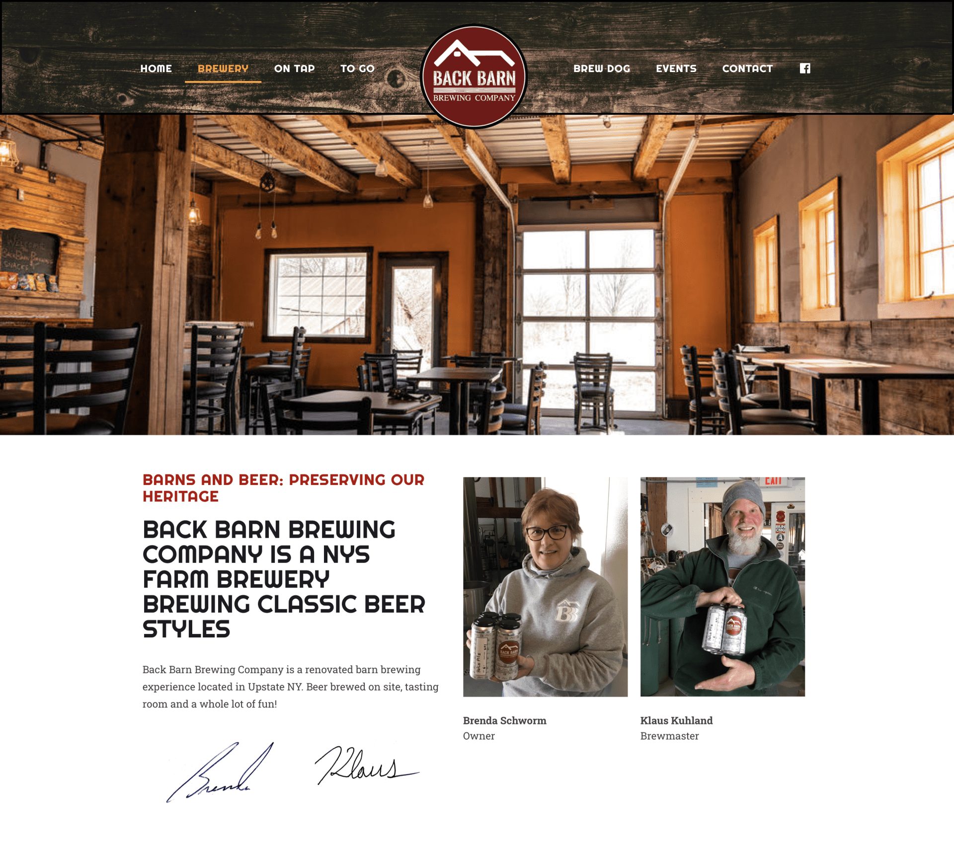 A website for Back Barn Brewing Company showcasing their brews and featuring a man and woman.