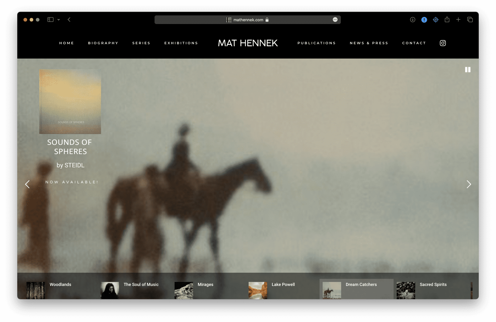 A photo of a man riding a horse on a website featuring Mat Hennek's work.