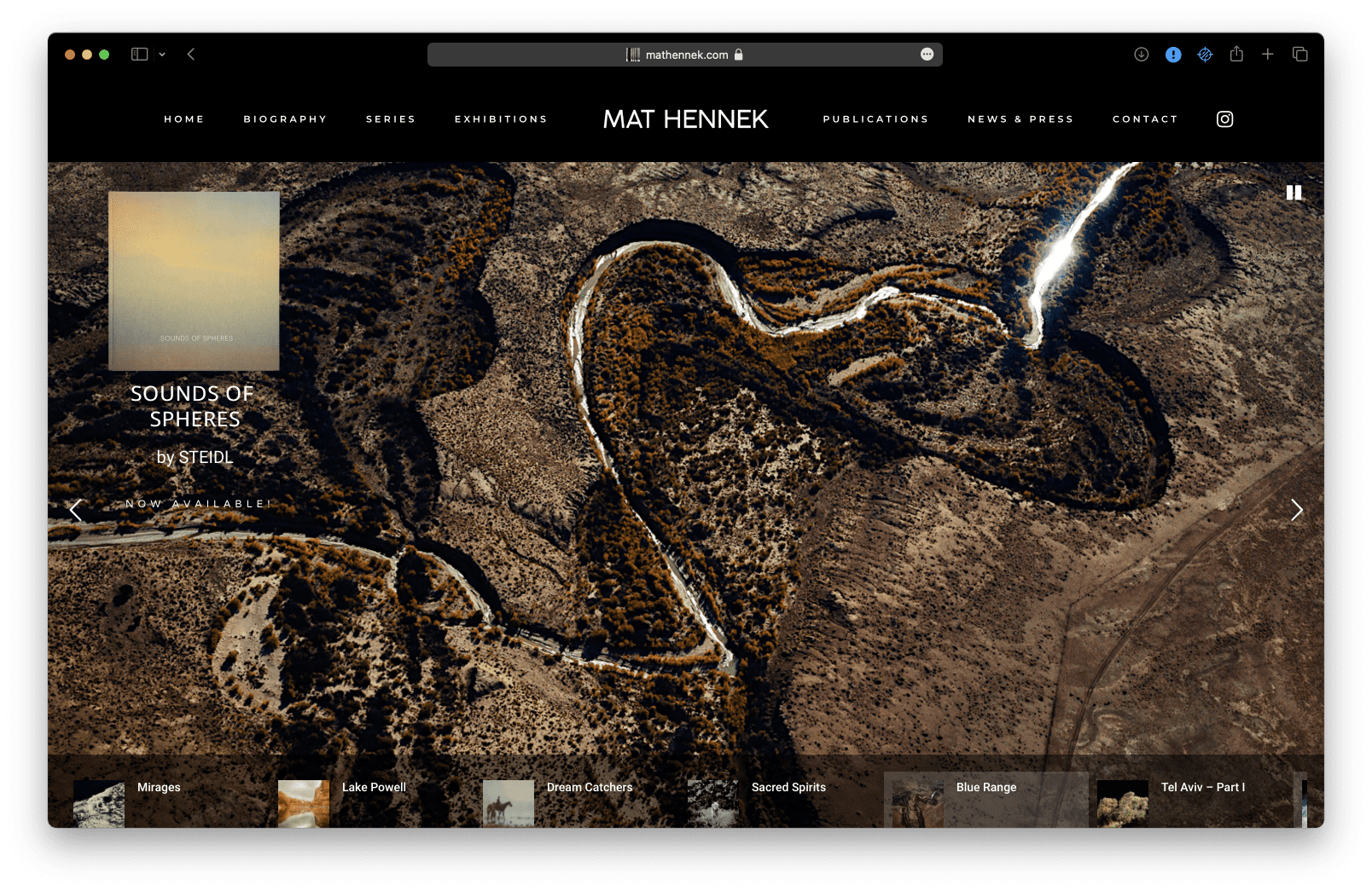 A website screenshot featuring an artistic map of a river by Mat Hennek.