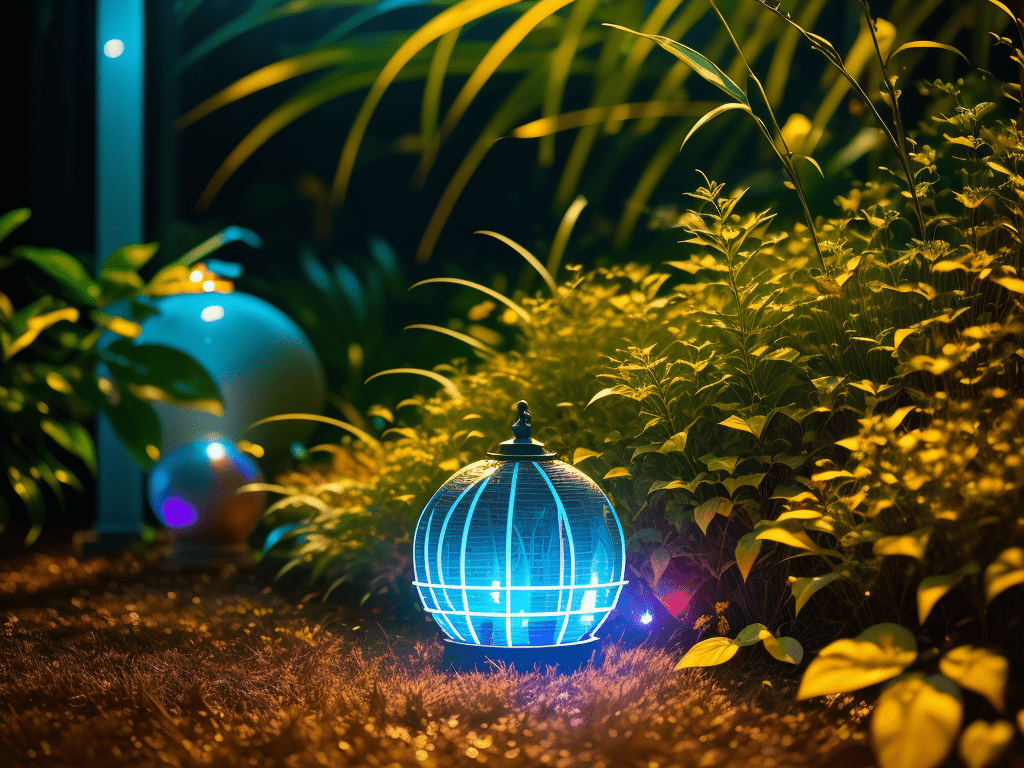 A garden scene with a glowing ball.