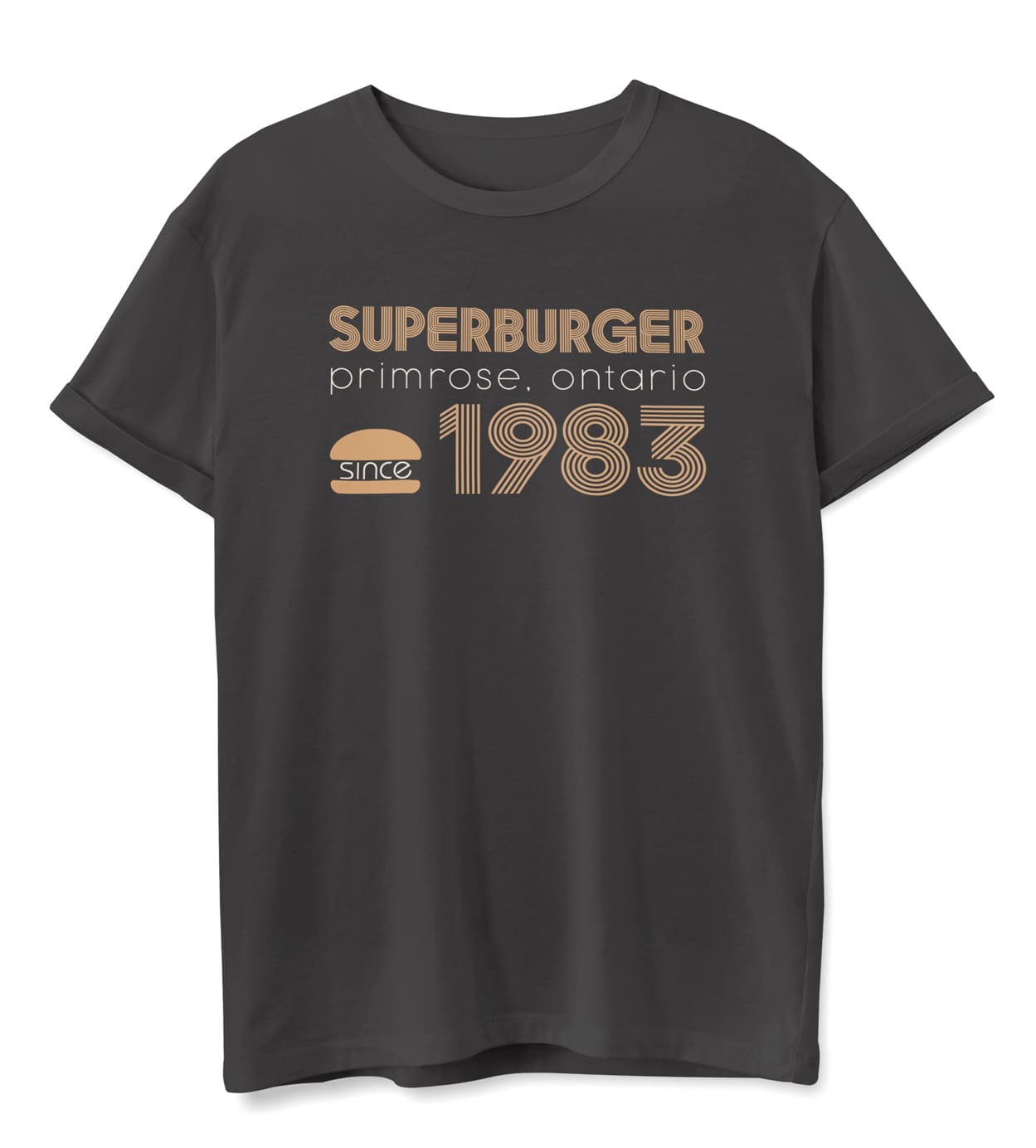 A black t-shirt featuring the Superburger logo