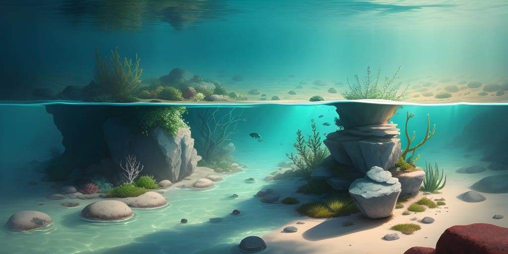 A design featuring an immersive underwater scene with rocks and plants.