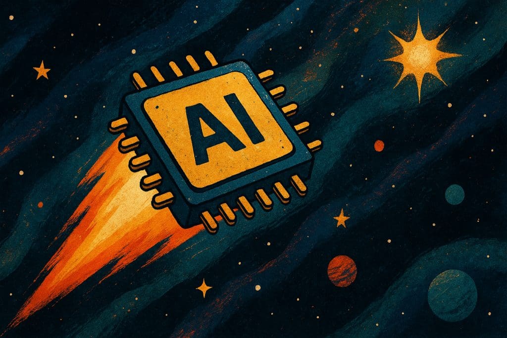 An illustrated AI chip flying in space